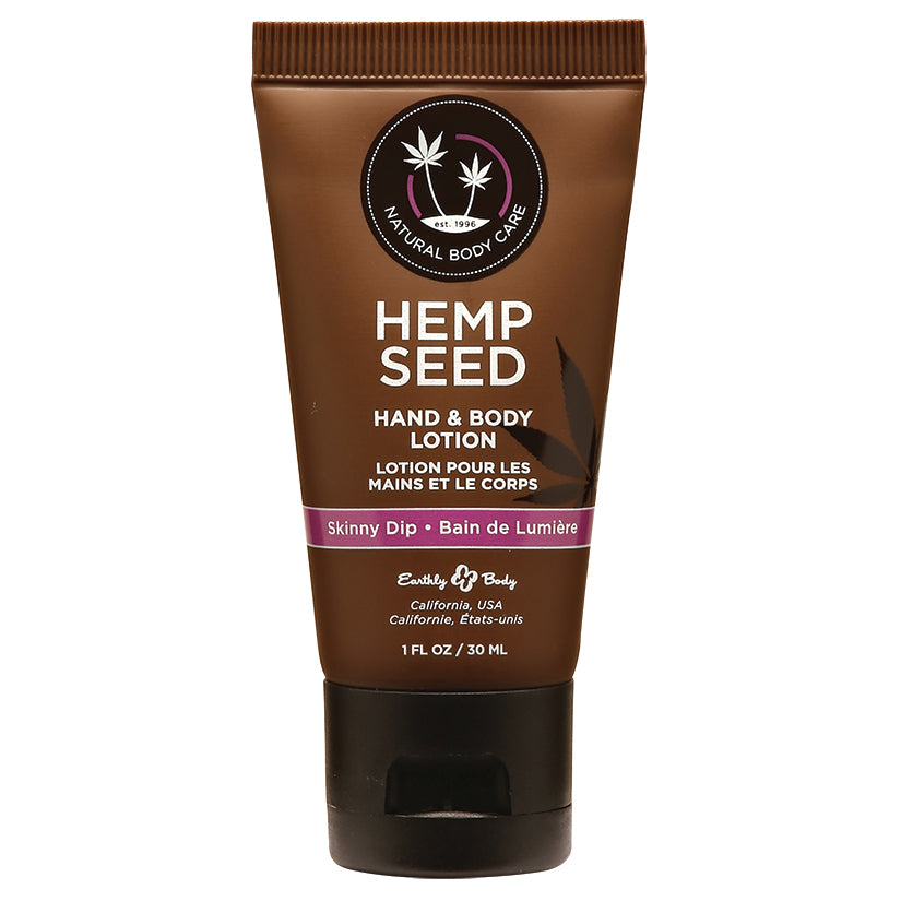 Earthly Body Hand & Lotion Skinny Dip 1 Oz in a brown tube, ideal for moisturizing hands and body on-the-go.