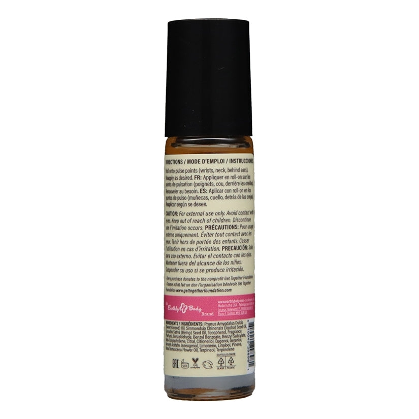Earthly Body At Night Aphrodisiac Roll On Perfume Wild Rose 0.34 Oz product label and instructions.