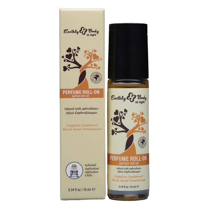Earthly Body At Night Aphrodisiac Roll On Perfume Grape 0.34 Oz packaging and bottle showing sweet grape scent.