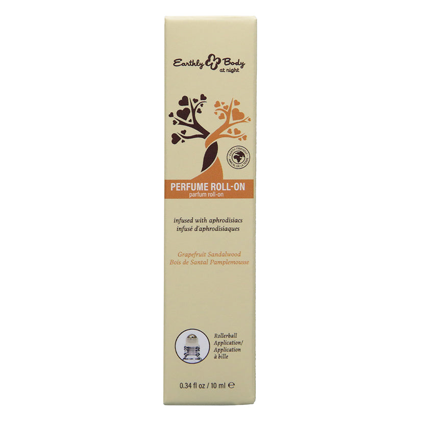 Earthly Body At Night Aphrodisiac Roll On Perfume Grape 0.34 Oz packaging design with product details.