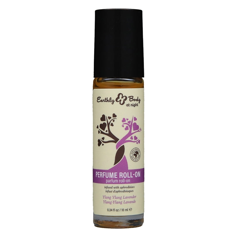 Earthly Body At Night Aphrodisiac Roll On Perfume Ylang 0.34 Oz in a sleek roll-on bottle with floral design.
