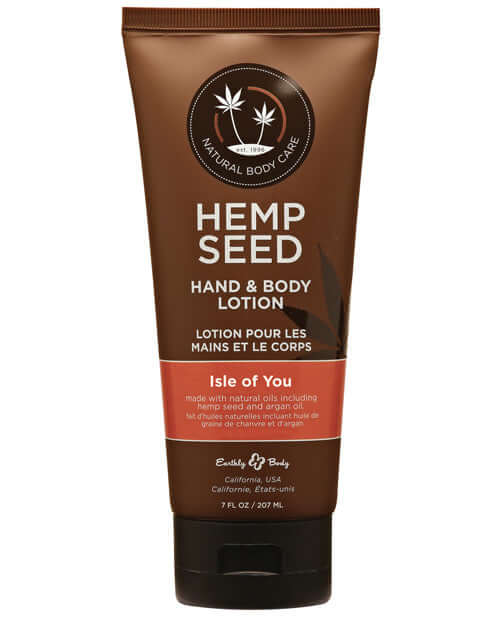 Earthly Body Hand & Body Lotion 7 oz Tube Isle of You, hemp seed-infused moisturizer in a brown tube packaging.