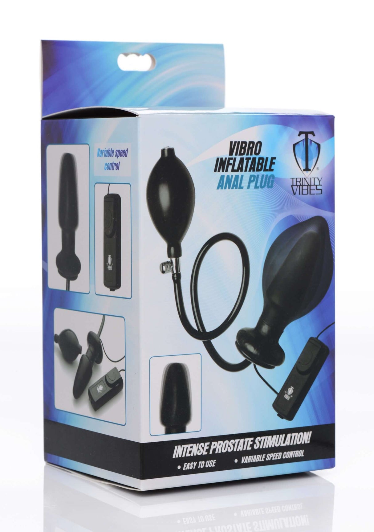 Vibro Inflatable Anal Plug Black packaging featuring variable speed control for intense prostate stimulation.