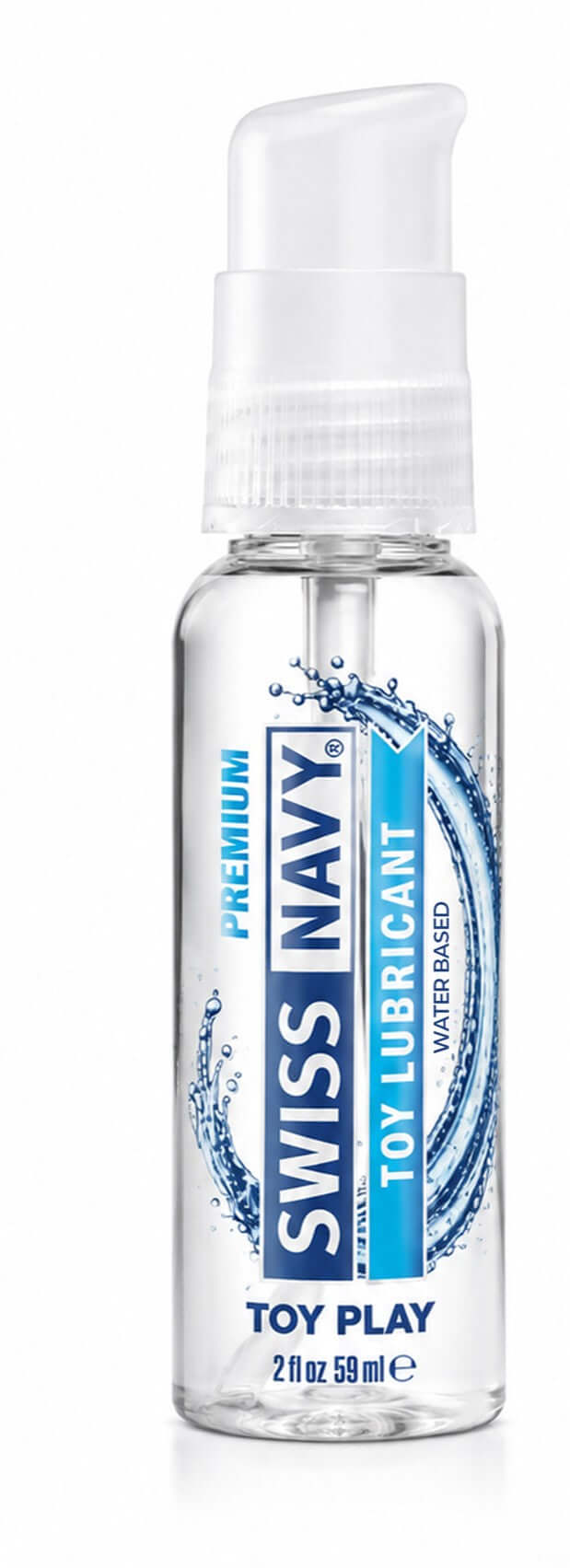 Swiss Navy Water Based Toy Lubricant 2 Oz bottle with pump dispenser for intimate play.