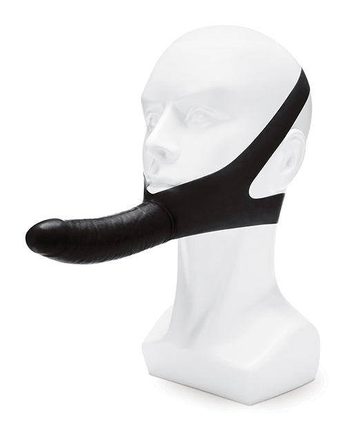 Lux Fetish The Original Facilitator Face Strap-On Black displayed on a head model for hands-free enjoyment.