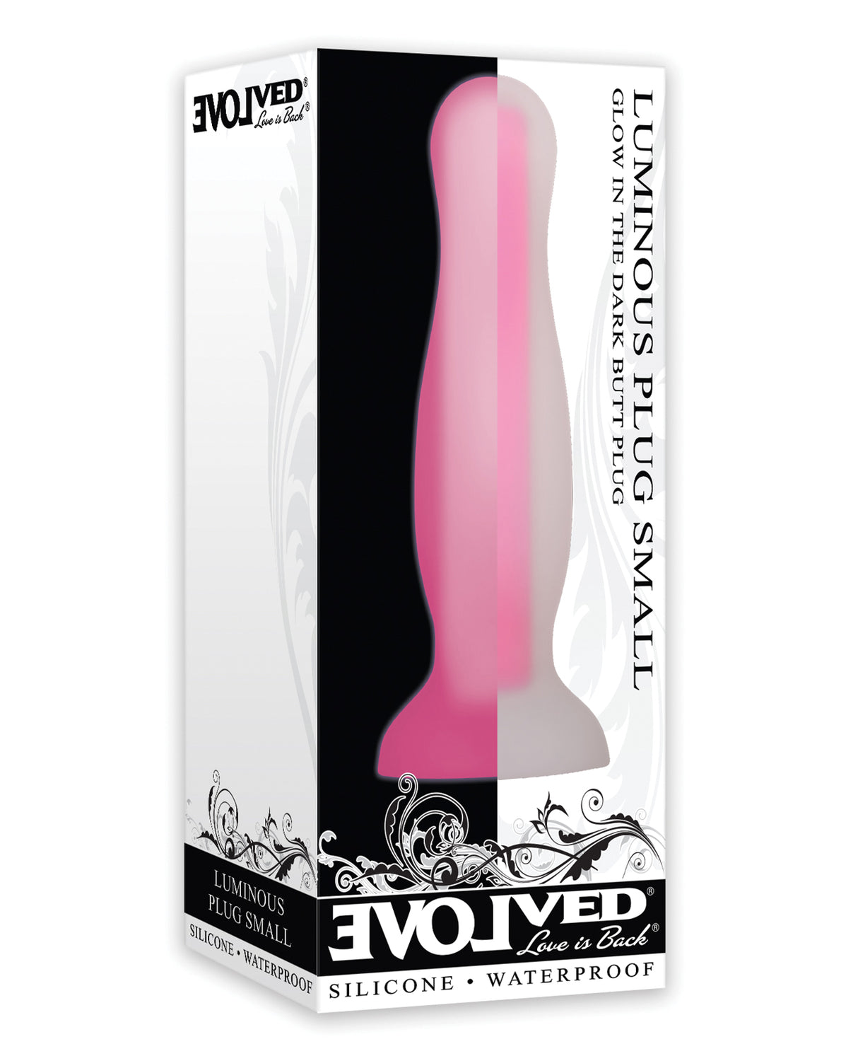 Evolved Luminous Glow Butt Plug Small Pink packaging, showcasing a playful design for beginners in anal play.