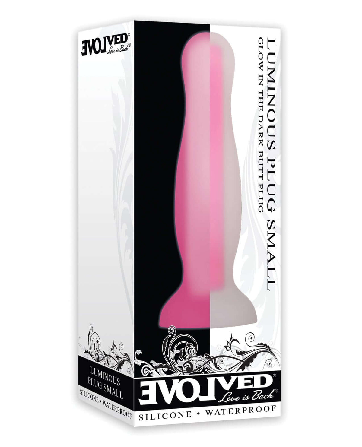 Evolved Luminous Glow Butt Plug Small Pink packaging, showcasing a playful design for beginners in anal play.