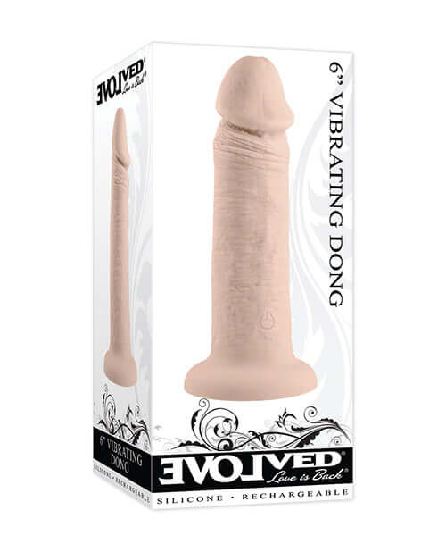 Evolved 6 Inch Vibrating Silicone Dildo Ivory in packaging with detailed design and texture.