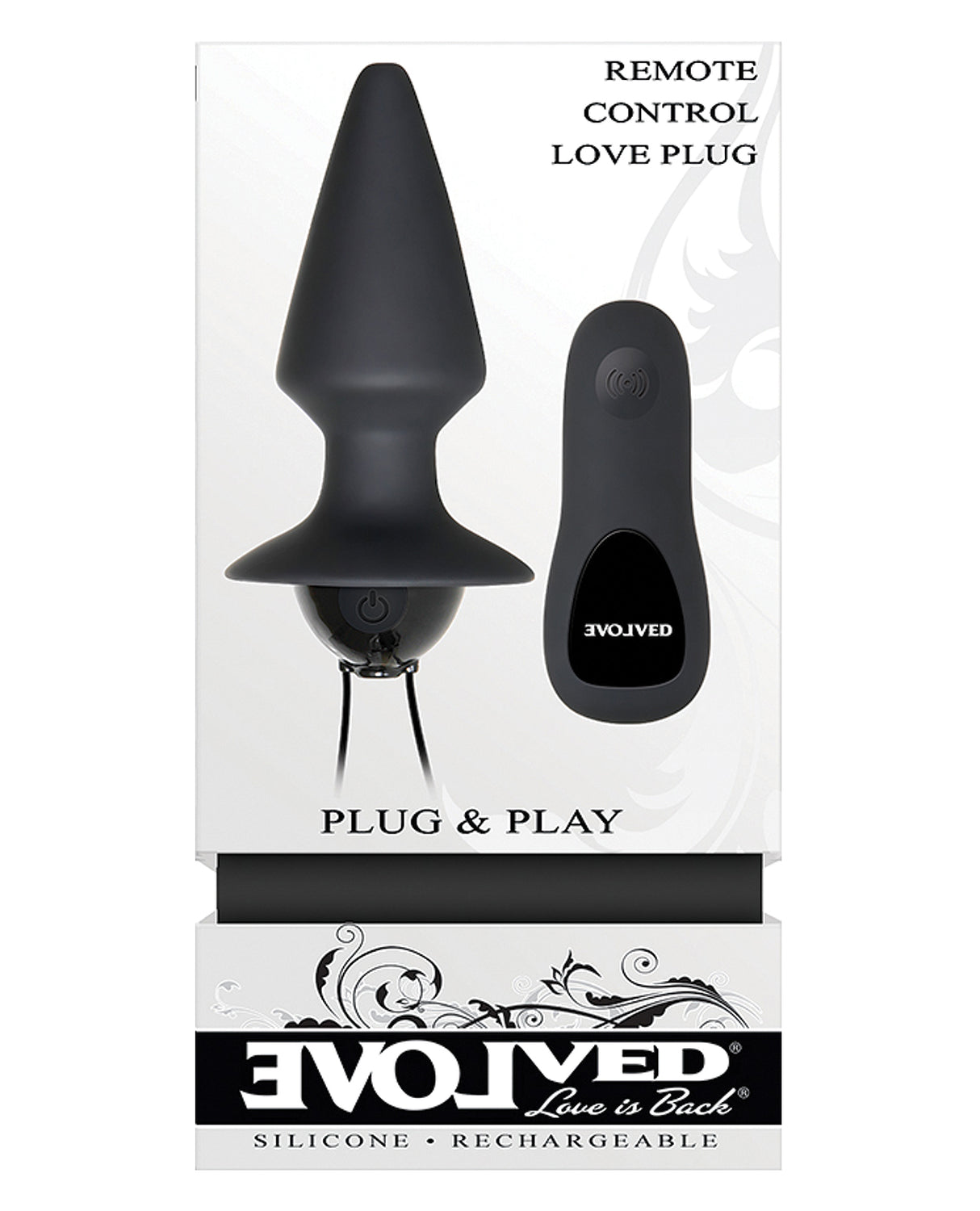 Evolved Plug & Play Remote Anal Plug Black packaging with remote control and silicone design.