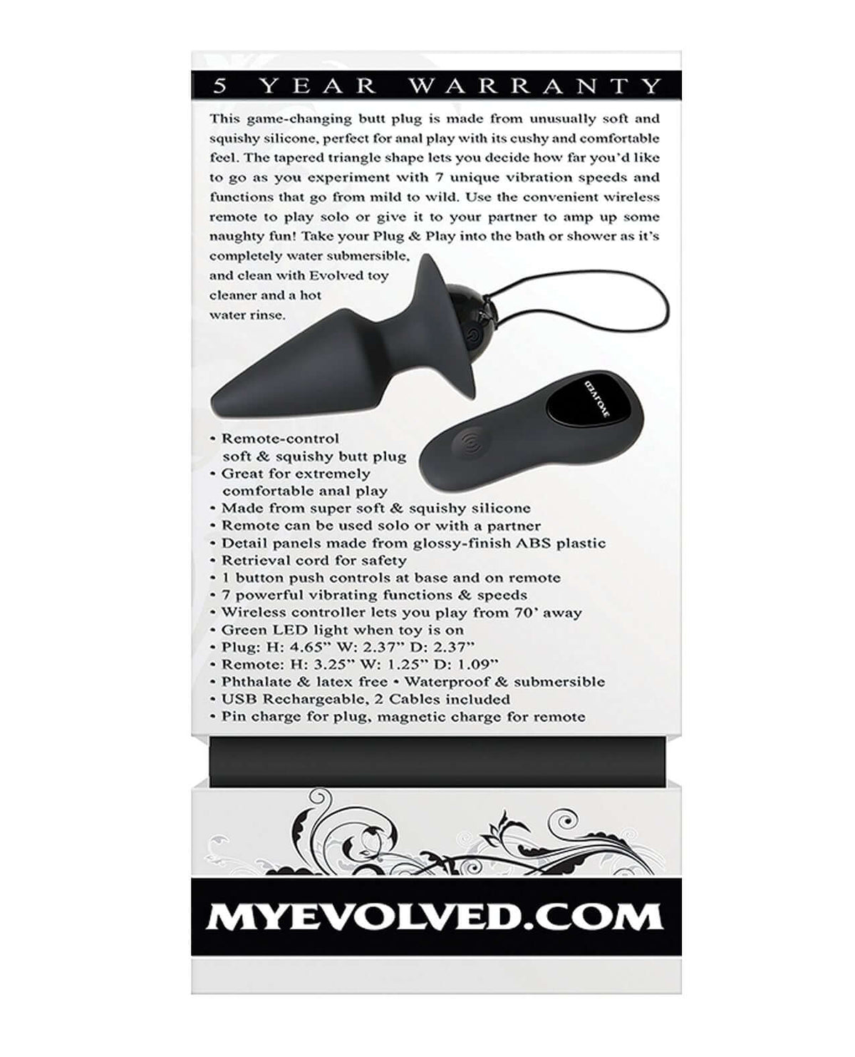 Evolved Plug & Play Remote Anal Plug Black product packaging with features and remote control.