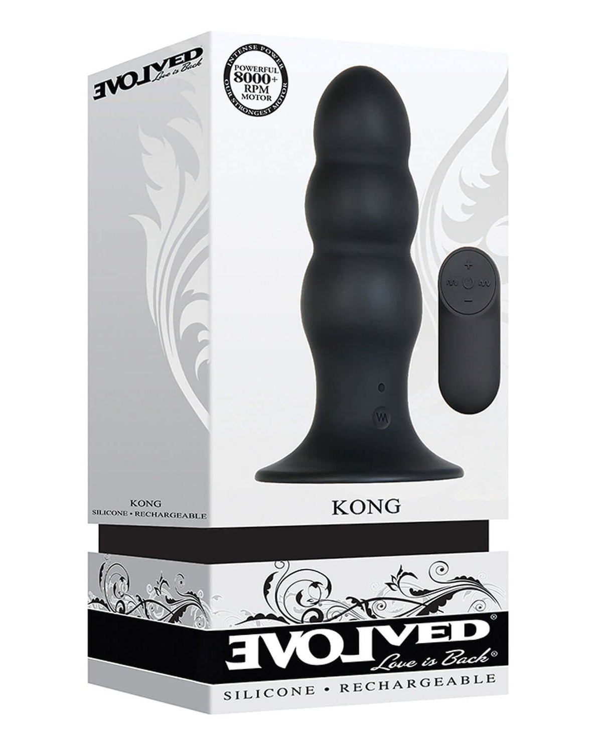 Evolved Kong Rechargeable Anal Plug Black product packaging featuring a black silicone plug with remote.