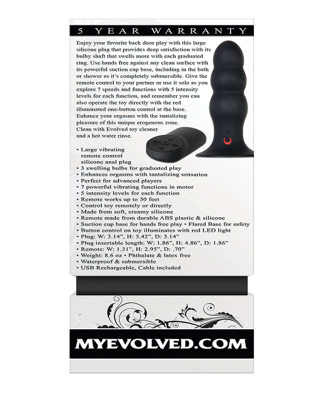 Evolved Kong Rechargeable Anal Plug Black packaging showcasing features and warranty for deep backdoor pleasure.