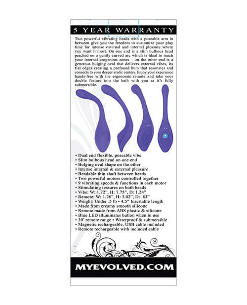 Evolved Anywhere Dual End Silicone Vibrator Blue product warranty and features details.