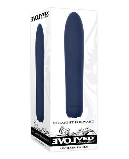 Evolved Straight Forward Vibrator Blue in packaging showcasing its sleek design and functionality.