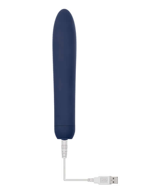Evolved Straight Forward Vibrator Blue with USB charging cable, designed for focused stimulation.