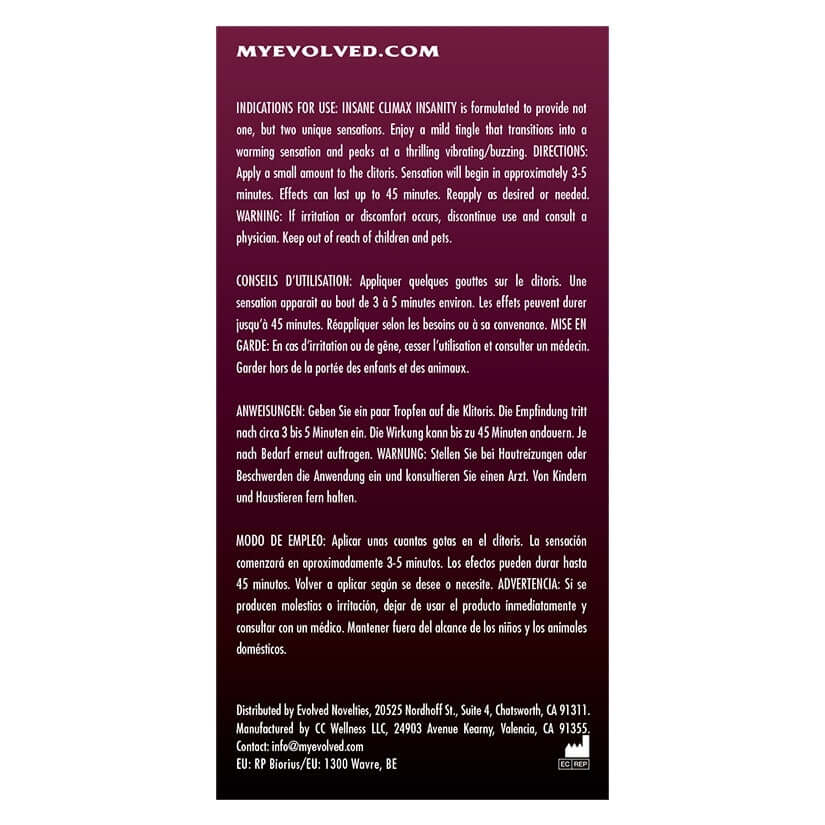 Evolved Insane Climax Insanity Warming Gel packaging instructions for use and safety.
