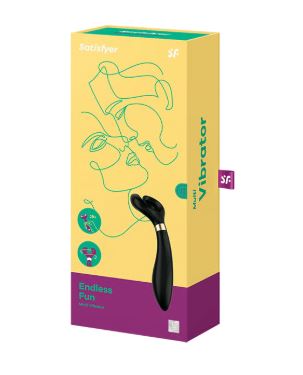 Satisfyer Endless Fun Couples Multi Vibrator packaging with an illustration and product details on a vibrant background.
