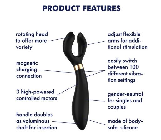 Satisfyer Endless Fun Couples Multi Vibrator features rotating head, flexible arms, magnetic charging, and powerful motors.
