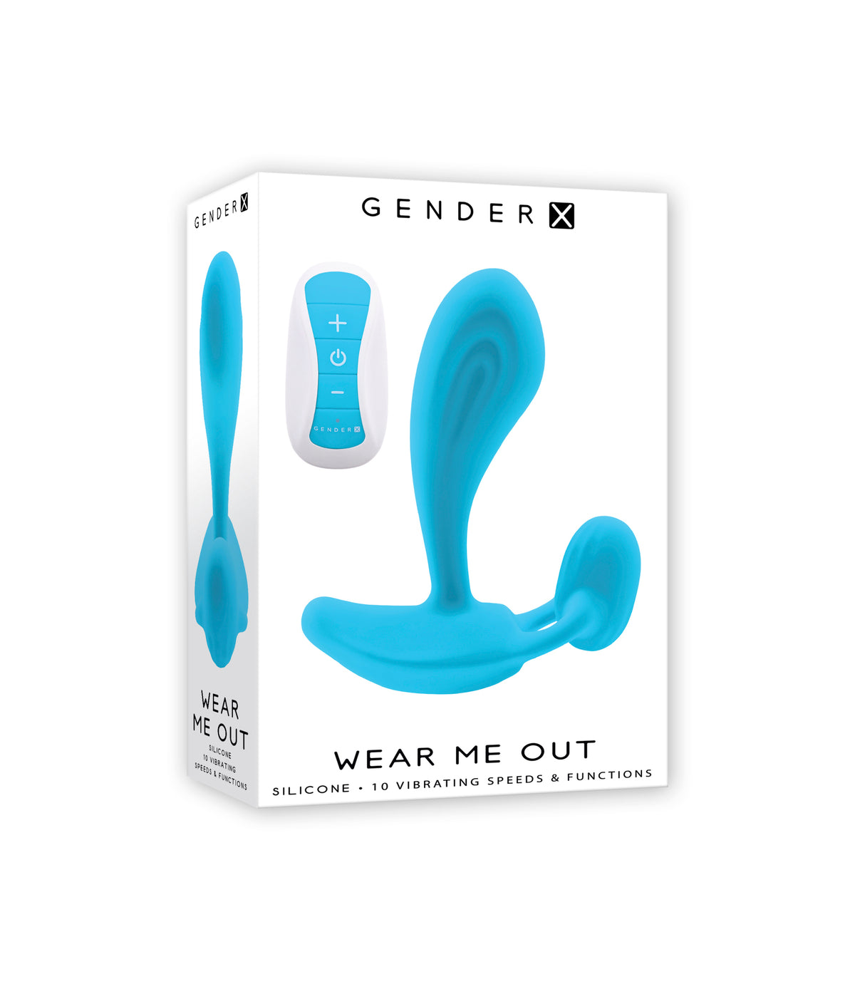 Gender X Wear Me Out Wearable Dual Vibrator Blue packaging with remote control and description.