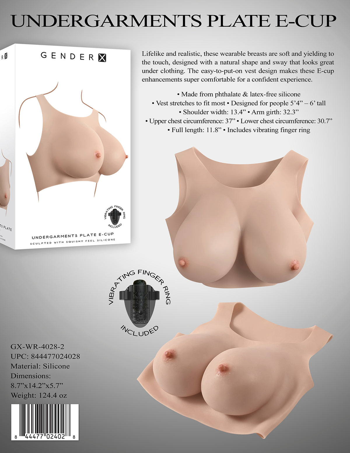 Gender X Undergarments E-Cup Silicone Breast Plate Vanilla showcasing lifelike design and included vibrating finger ring.