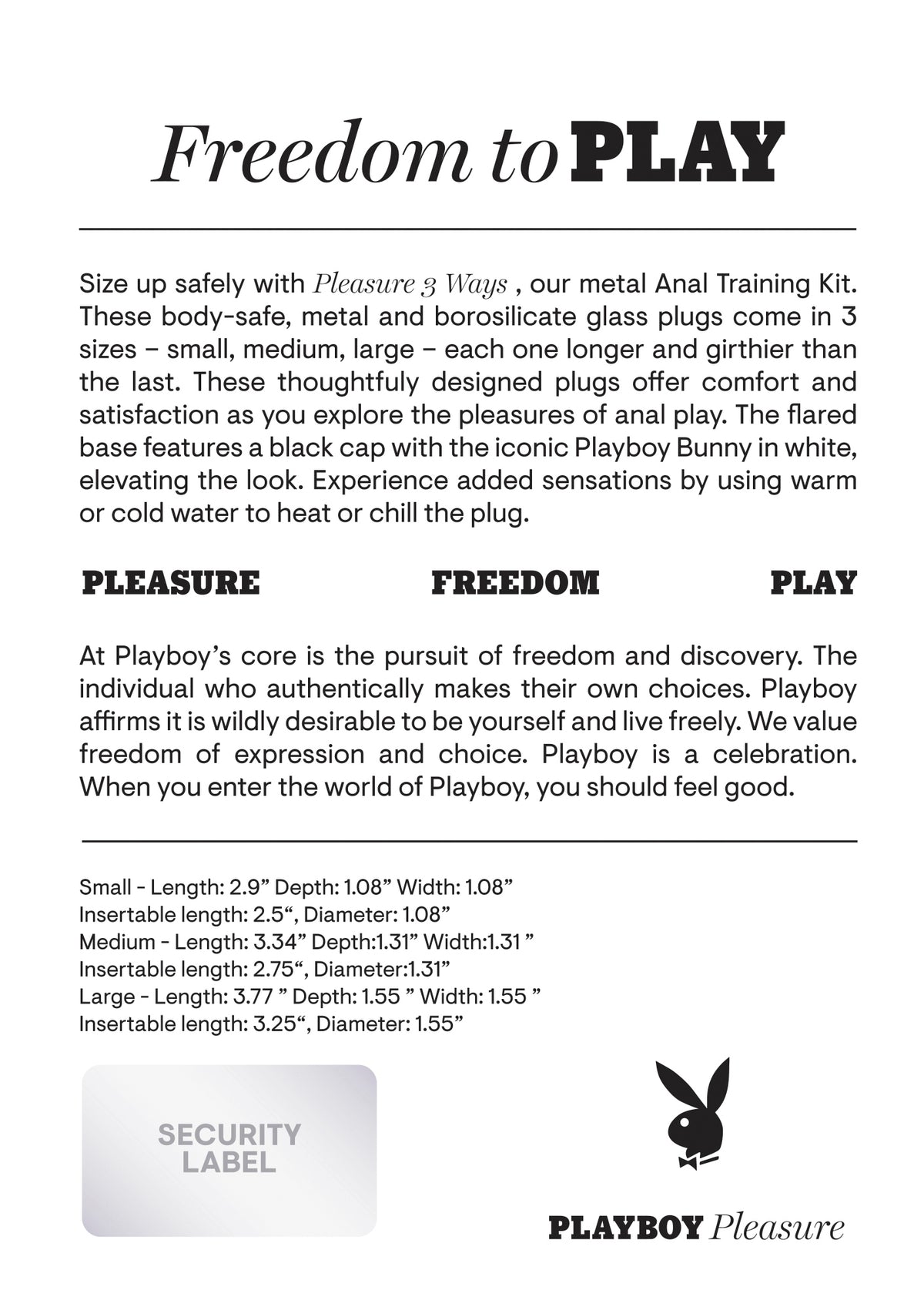 Playboy Pleasure 3 Ways Metal Anal Training Kit Black product details and dimensions on a decorative background.
