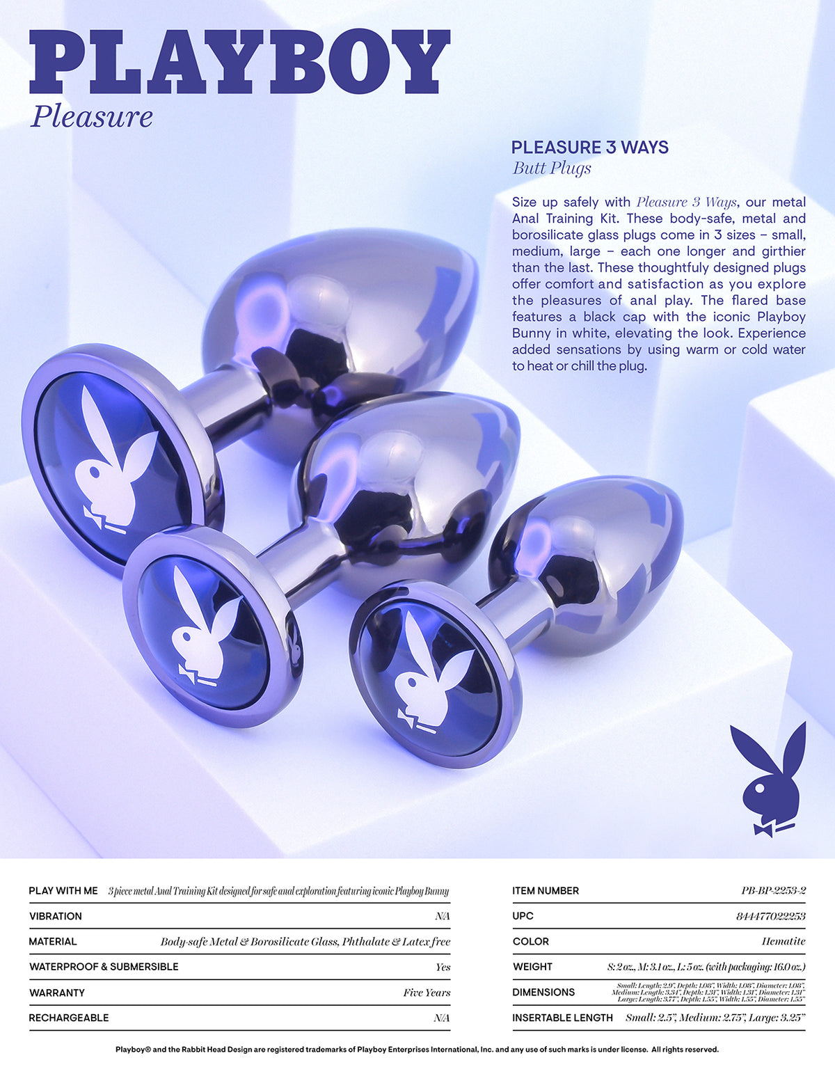 Playboy Pleasure 3 Ways Metal Anal Training Kit Black featuring three graduated plugs in stylish design.