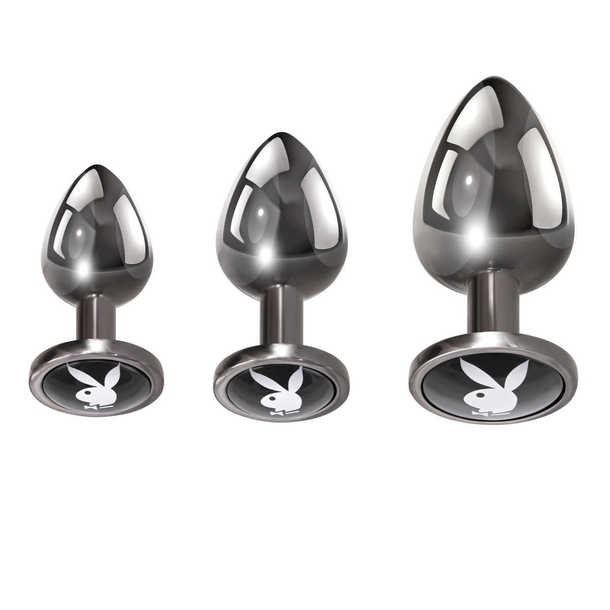 Playboy Pleasure 3 Ways Metal Anal Training Kit Black featuring three graduated plugs for anal play.