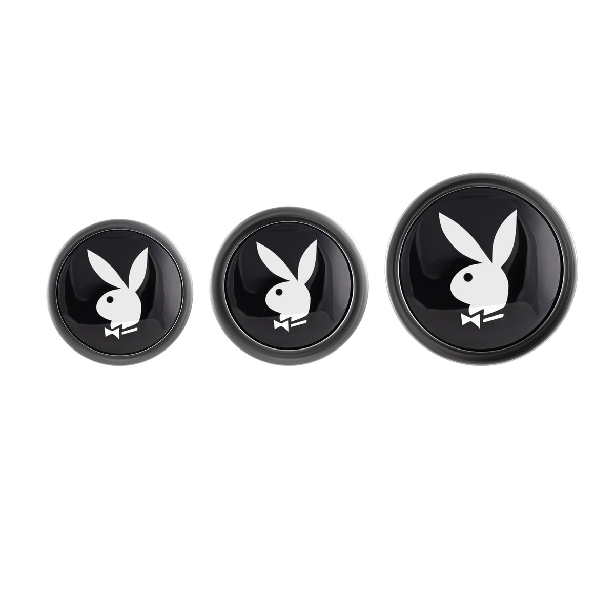 Playboy Pleasure 3 Ways Metal Anal Training Kit Black with three graduated plugs in black finish.