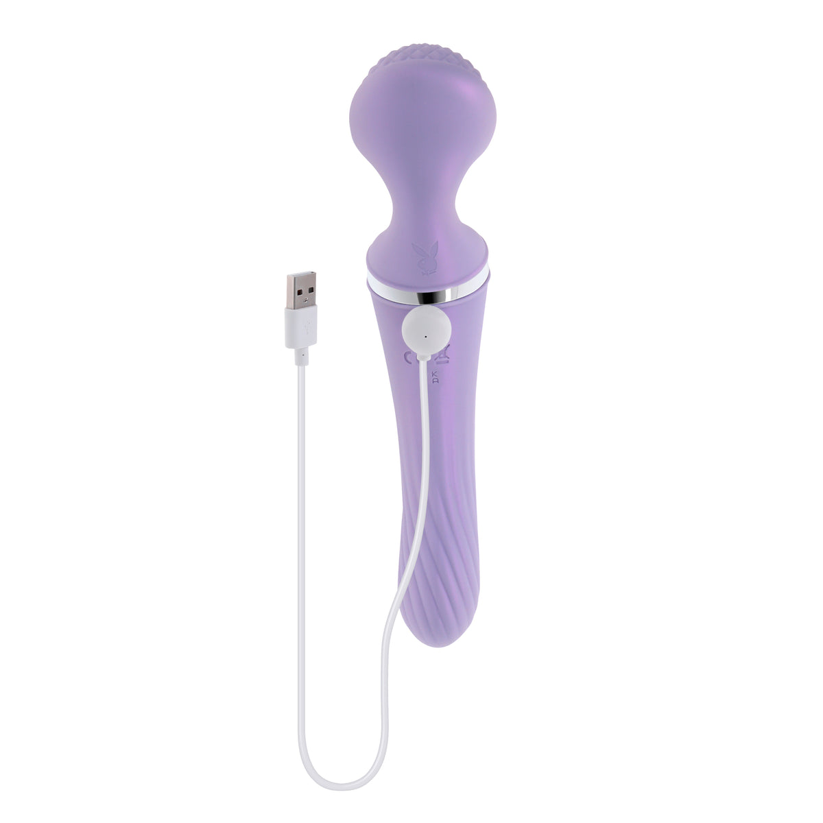 Playboy Vibrato Dual Ended Silicone Wand Vibrator Purple with USB charging cable, studio shot on white background.