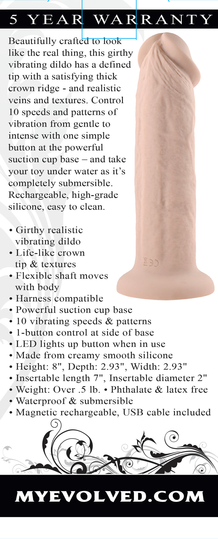 Evolved 7 Inch Girthy Vibrating Dong Vanilla features realistic textures and 10-speed vibrations for ultimate pleasure.