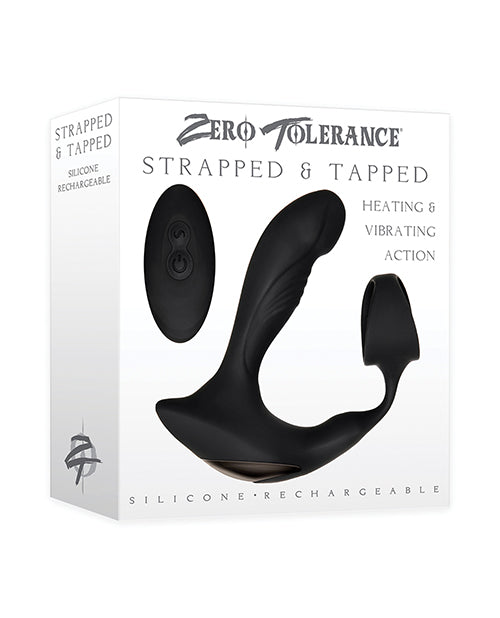 Zero Tolerance Strapped & Tapped Prostate Massager Black packaging with heating and vibrating features.