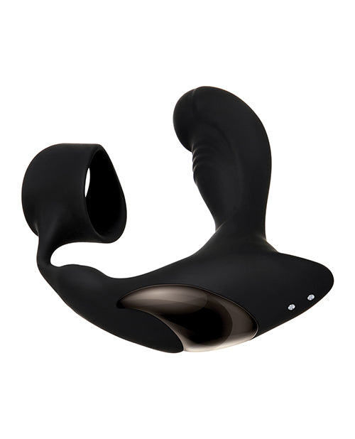 Zero Tolerance Strapped & Tapped Prostate Massager Black with flexible silicone shaft and textured penis ring.