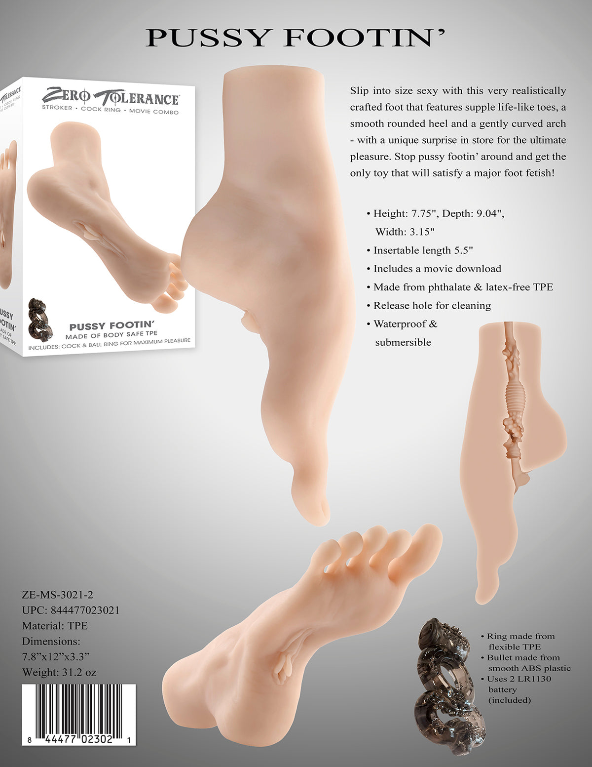 Zero Tolerance Pussy Footin Foot Stroker Vanilla with realistic foot design and pleasure-ready tunnel inside.