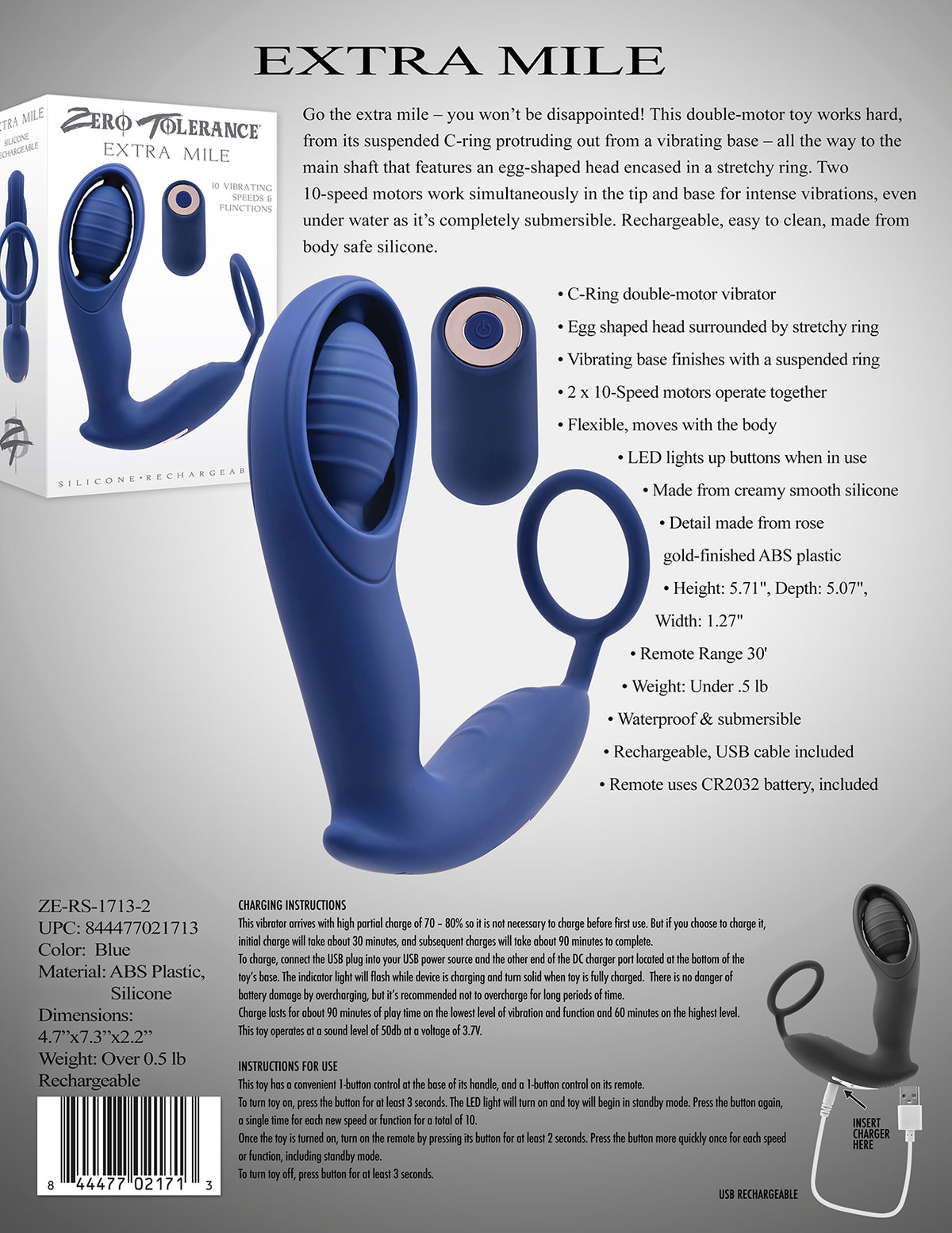 Zero Tolerance Extra Mile Vibrating Cock Ring Blue product image featuring dual motors and comfortable silicone design.
