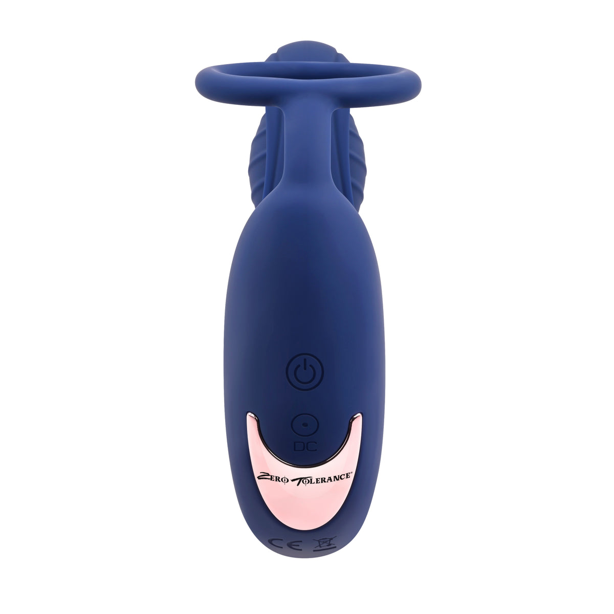 Zero Tolerance Extra Mile Vibrating Cock Ring Blue showing the control and design features.