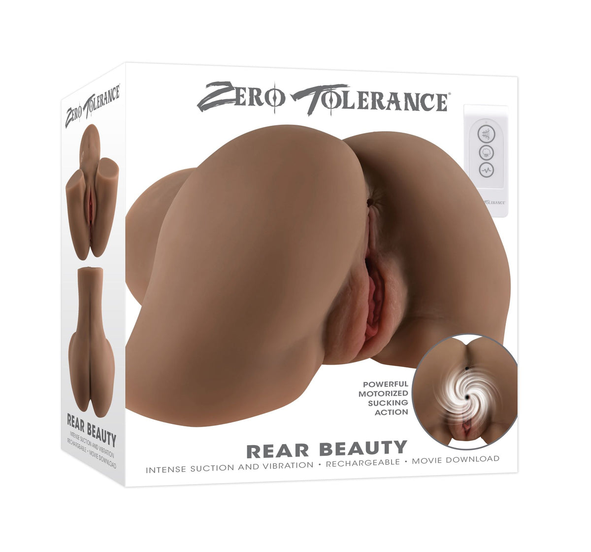 Zero Tolerance Rear Beauty Dark Vibrating Stroker packaging showcasing lifelike dual-channel design and controls.