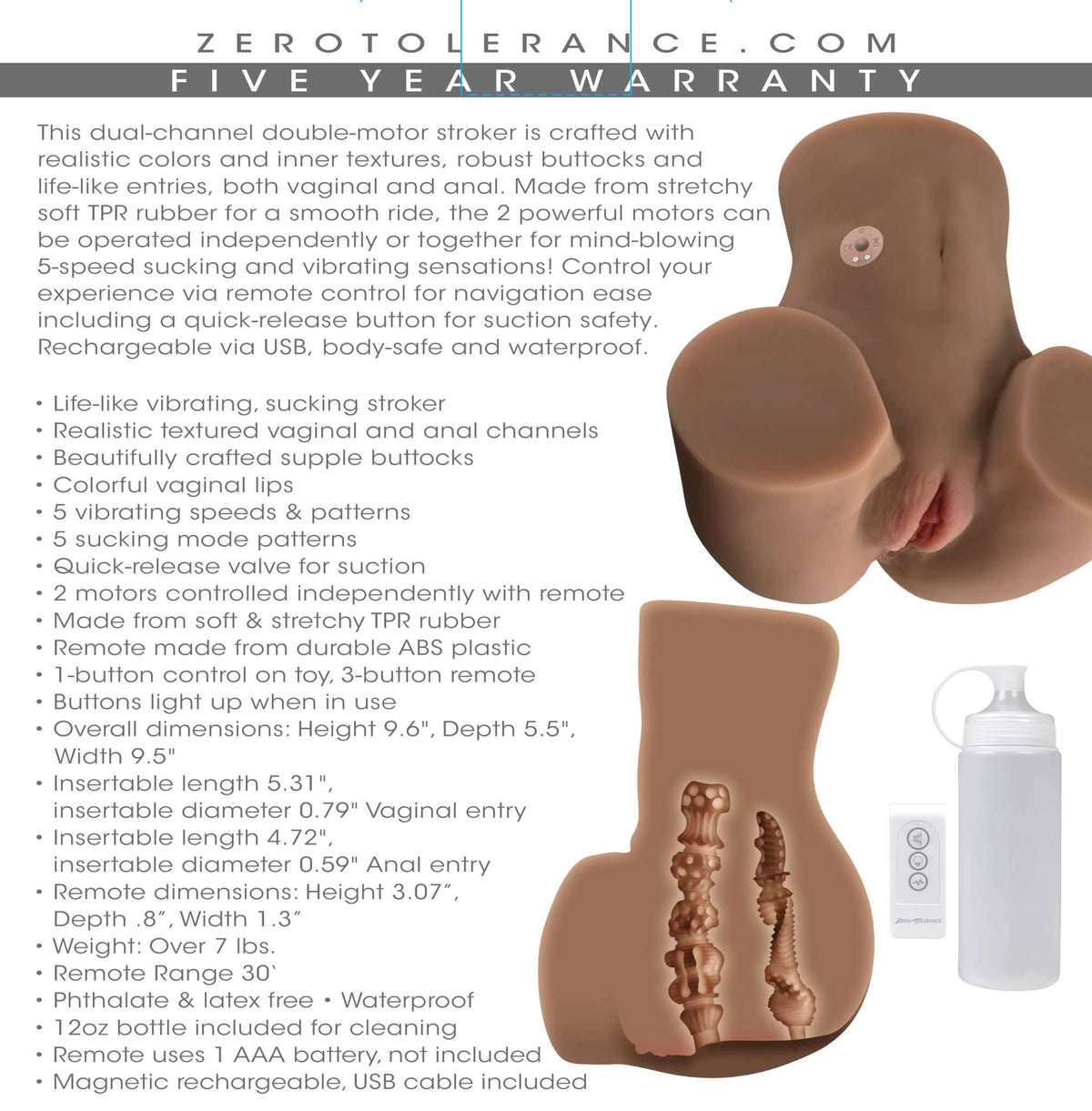Zero Tolerance Rear Beauty Dark Vibrating Stroker with dual-channel design and remote control features.