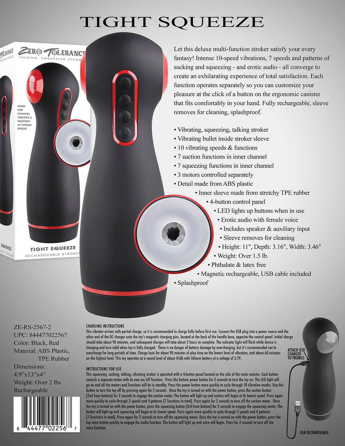 Zero Tolerance Tight Squeeze Rechargeable Masturbator Black featuring ergonomic design and multifunction capabilities.
