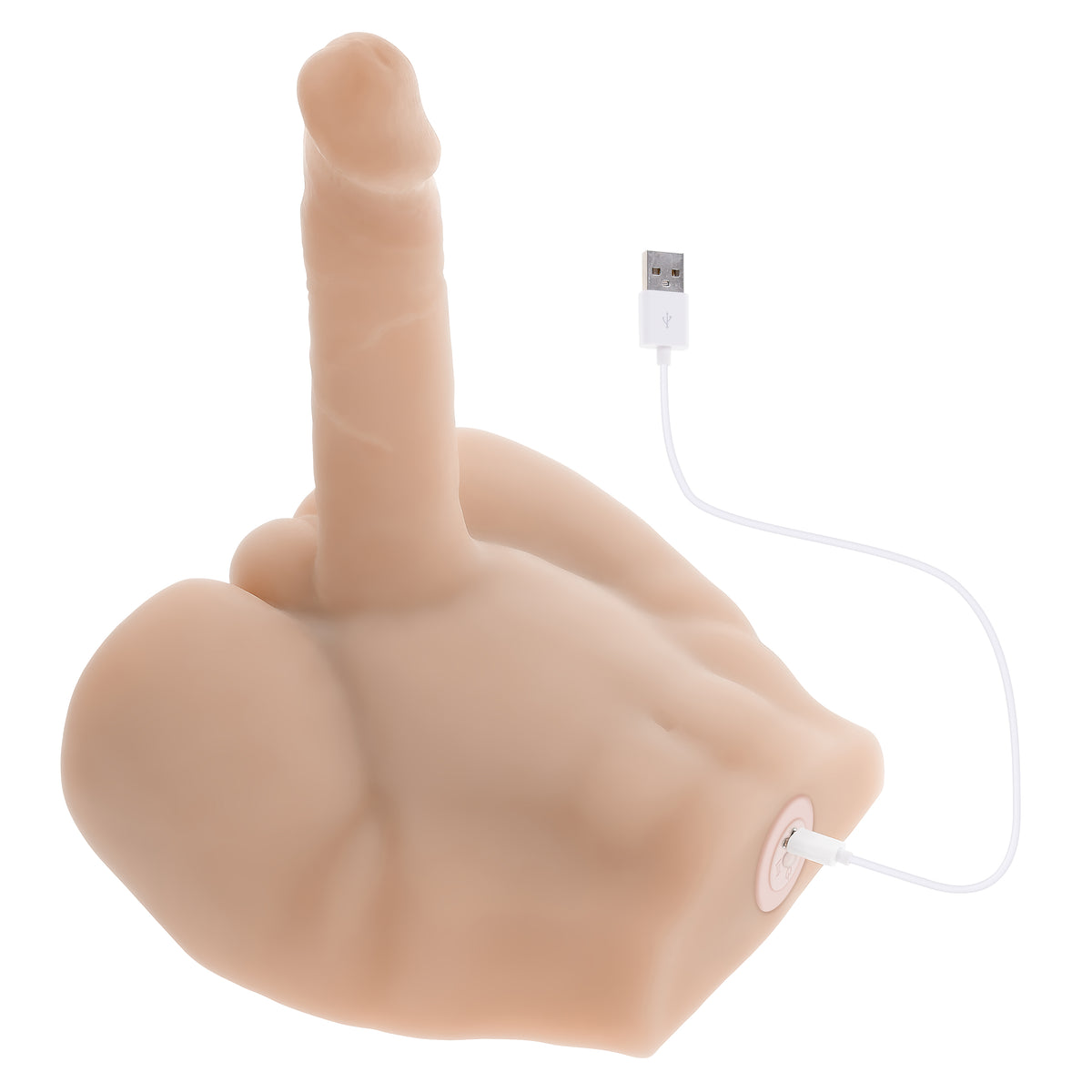Evolved Easy Rider Thrusting Vibrator Vanilla with torso-shaped design and USB charging connection.