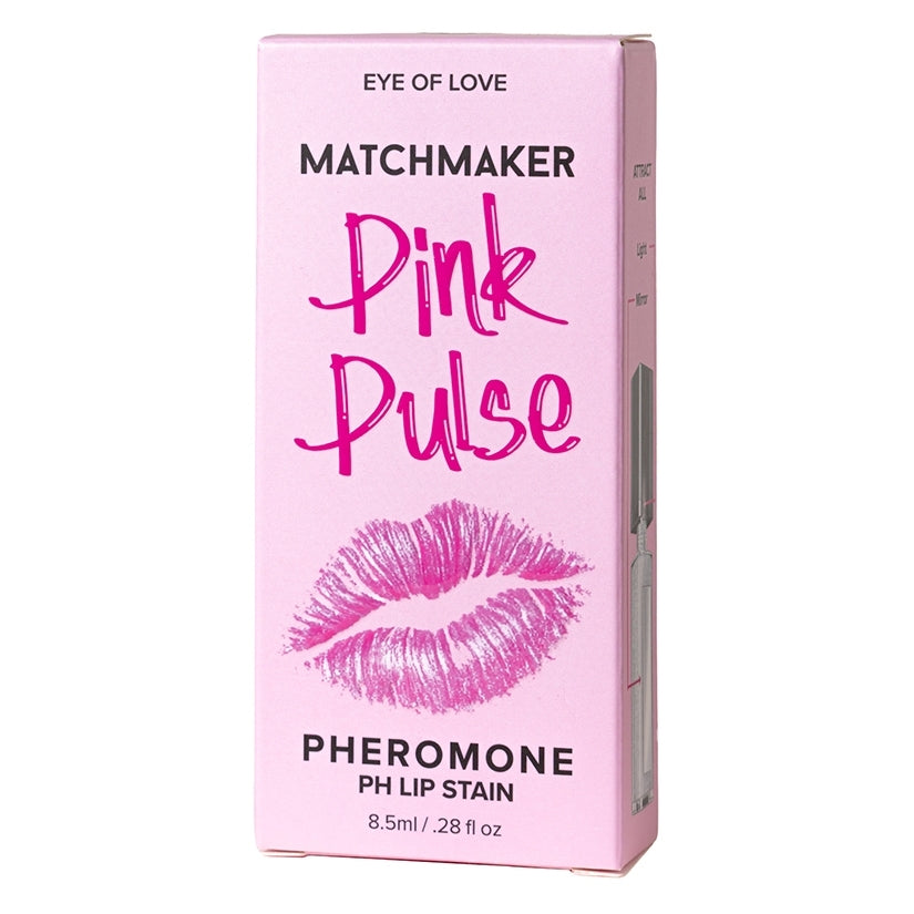 Eye Of Love Matchmaker Pheromone Lip Stain Pink Pulse packaging with pink design and lip print.