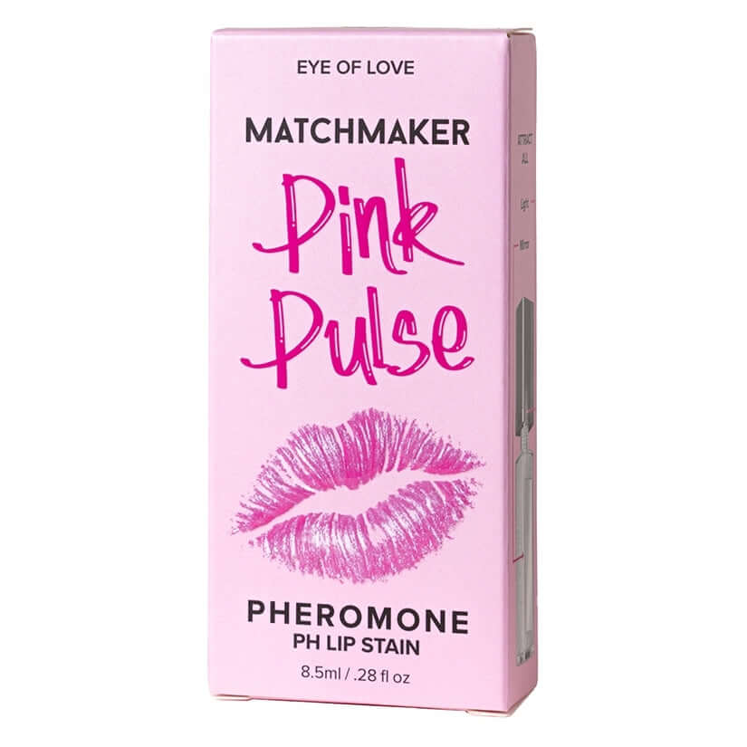 Eye Of Love Matchmaker Pheromone Lip Stain Pink Pulse packaging with pink design and lip print.
