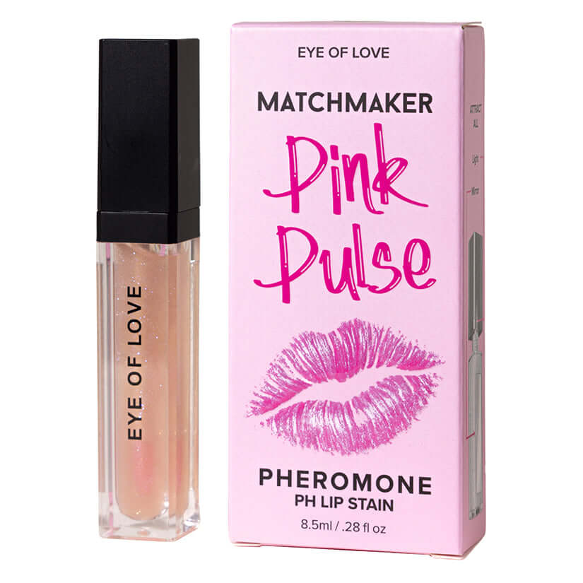 Eye Of Love Matchmaker Pheromone Lip Stain Pink Pulse in sleek packaging with a pink box design.