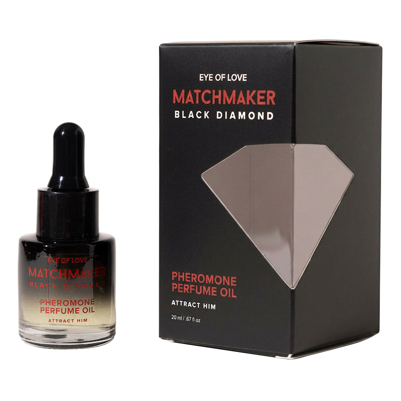 Eye Of Love Matchmaker Pheromone Perfume Oil Black Diamond 20 ml bottle and box packaging.