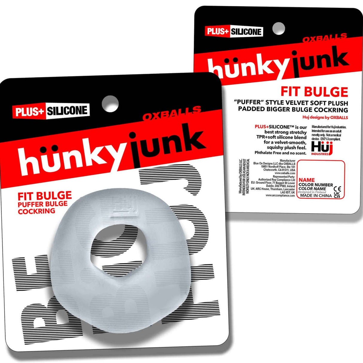 Oxballs Fit Bulge Hung-Style Cockring Clear Steam packaging featuring soft plush design.