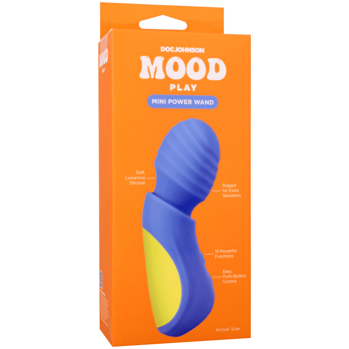 Mood Play Mini Power Wand Blue in vibrant packaging showcasing its soft silicone and ridged design for sensation.