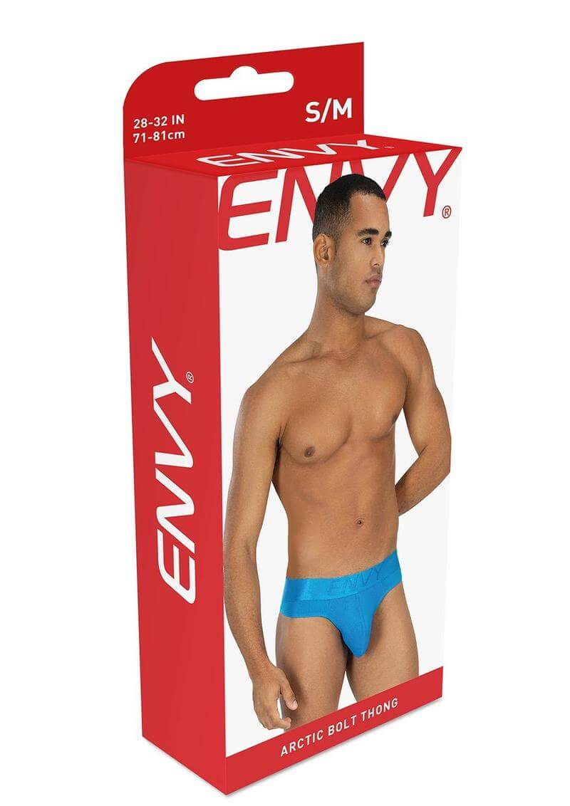 Envy Artic Bolt Thong Blue Small Medium packaging with male model showcasing vibrant color and modern design.