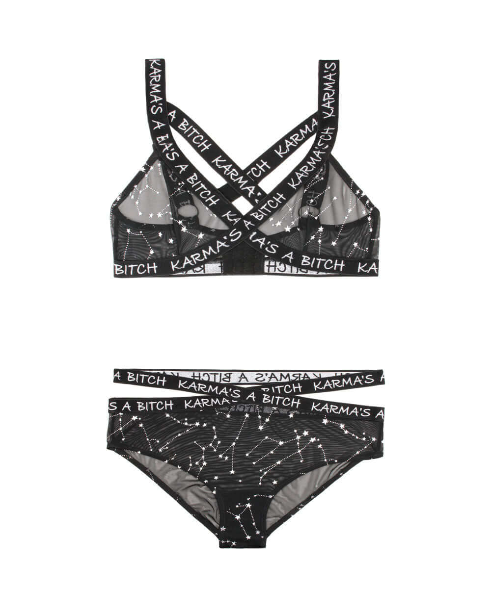 Karma's a Bitch Bralette and Cutout Panty Set Black M L featuring metallic mesh and bold design.