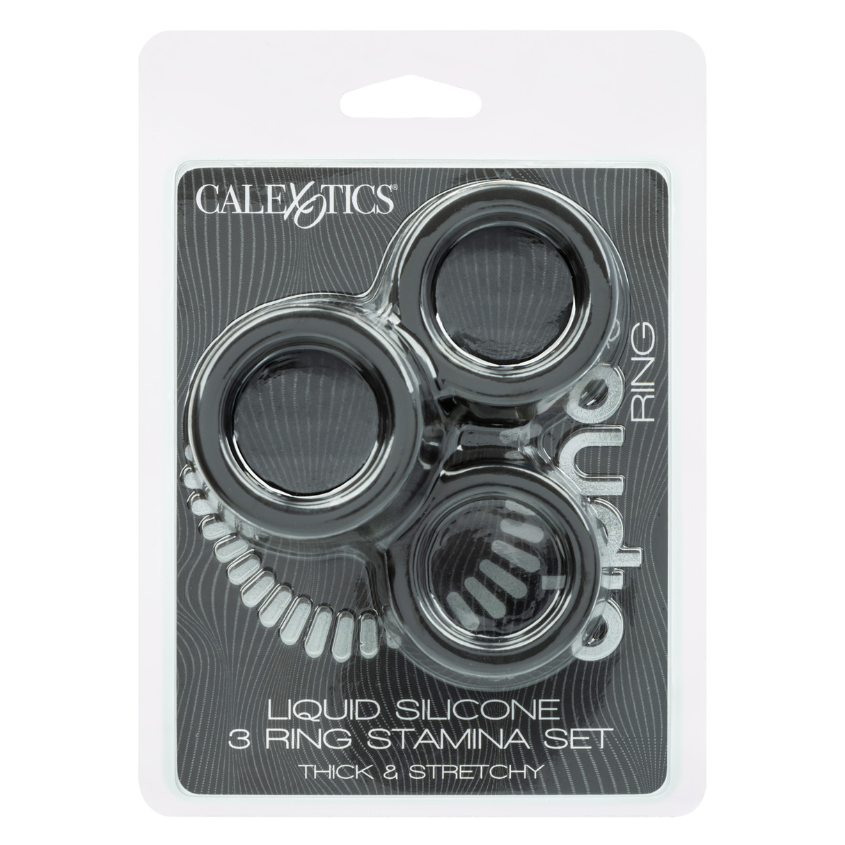 Alpha Liquid Silicone 3 Ring Stamina Set Black packaging featuring three elastomer rings for enhanced pleasure.