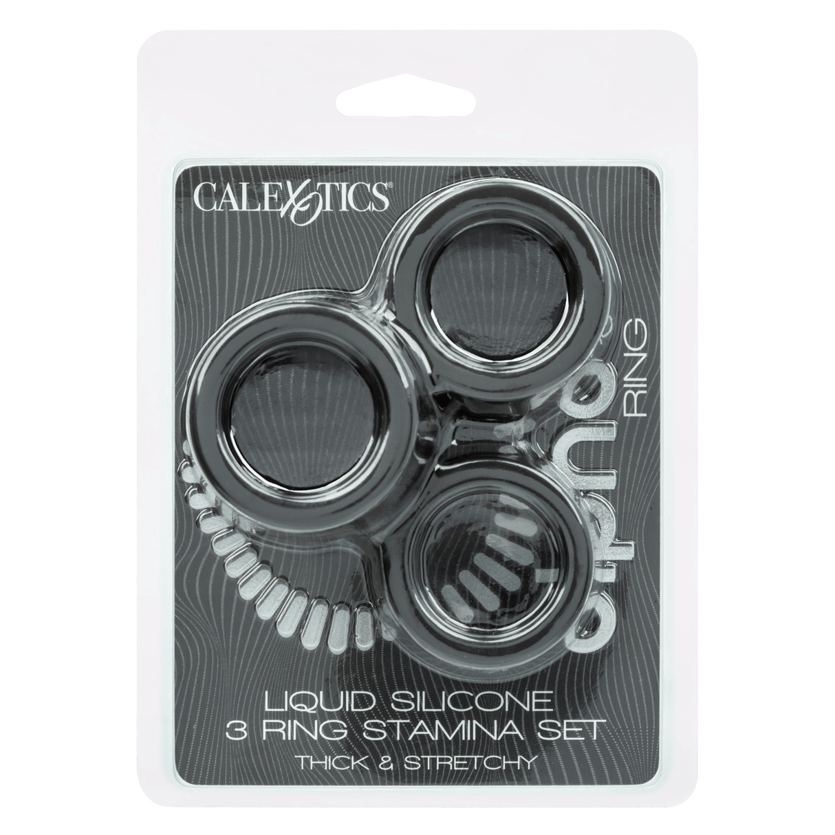 Alpha Liquid Silicone 3 Ring Stamina Set Black packaging featuring three elastomer rings for enhanced pleasure.