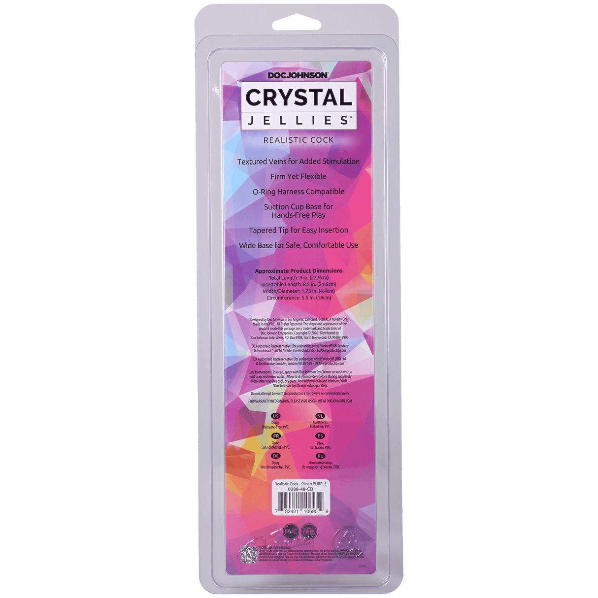 Crystal Jellies Realistic Cock 9 Inch Purple product packaging, featuring textured design and product details.